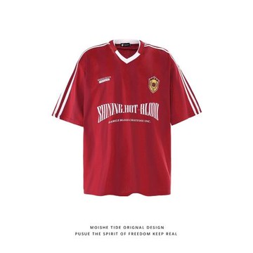 美式復古條紋運動V領球衣夏季新款blokecore短袖T恤男女寬松上衣