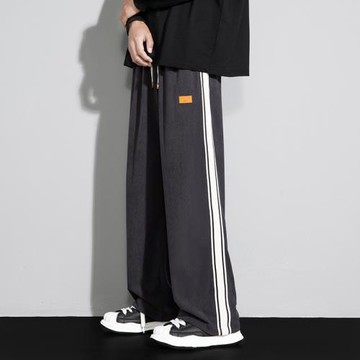 條紋褲子男秋季新款華夫格運動褲直筒休閑褲寬松闊腿褲男士衛褲潮