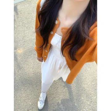 韓系南瓜橘色浣熊絨針織開衫女秋冬季慵懶風寬松軟糯毛衣外套上衣