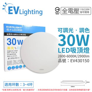【EVERLIGHT億光】 LED 星晴 30W 2800K~6000K 全電壓 調光 調色 遙控 吸頂燈 EV430150