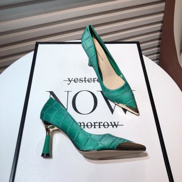 韓版新款法式少女金屬尖頭細跟淺口單鞋顯瘦高跟鞋名媛綠色晚晚鞋