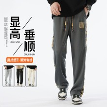 國潮休閒褲 春秋透氣直筒褲 拼接設計 百搭休閒直筒褲
