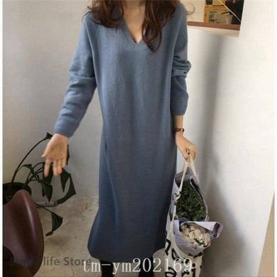 21新作ワンピース レディース マキシ丈 ロング丈 可愛い ニットワンピース ニットワンピ Vネック 長袖 通販 Lineポイント最大get Lineショッピング