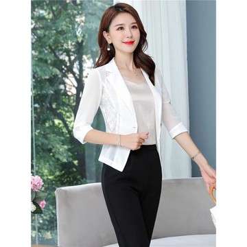 夏季七分袖小西裝外套女短款2024春秋新款氣質修身蕾絲小西服上衣