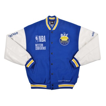 NBA 立體電繡 皮質 鋪棉 棒球外套 勇士隊 藍色-NBABJBL_GSW