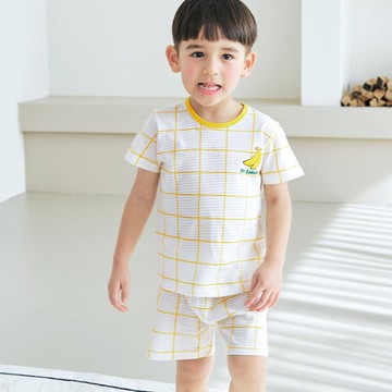 韓國 Maykids - 透氣條紋提花棉短袖家居服-香蕉格紋