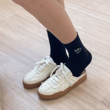 DONGCHICHI  牛仔布 布面 真皮 懶人拖鞋  半拖鞋 穆勒鞋 包頭拖鞋 平底拖鞋 米白色 G034