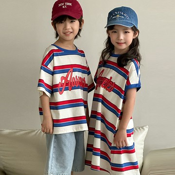 新品上新  兒童兄妹裝夏男女童韓版彩色條紋短袖T恤女童圓領中長款寬鬆T恤
