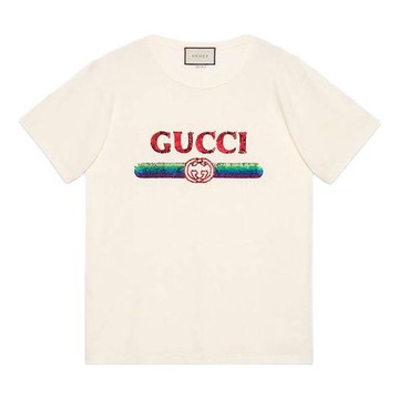 (WMNS) Gucci Sequined Letter Logo Oversized Short-Sleeved For White