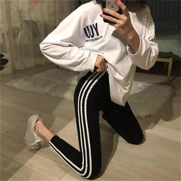 高腰顯瘦三條杠運動打底褲女外穿2025春秋彈力瑜伽健身緊身小腳褲