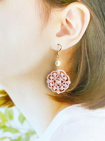 日系粉紅梭織耳環