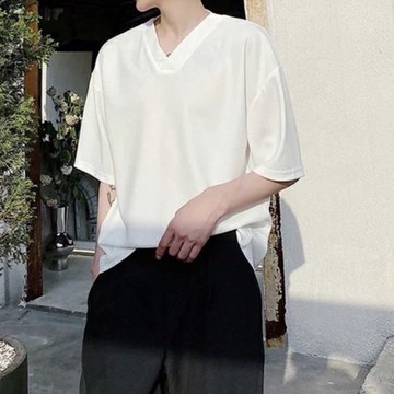 【AMERO】男裝 女裝 日系短袖V領Ｔ恤 素面 落肩 寬鬆 情侶裝