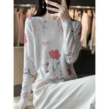 2026春季新款精紡羊毛桑蠶絲印花圓領中國風針織寬松打底衫上衣女