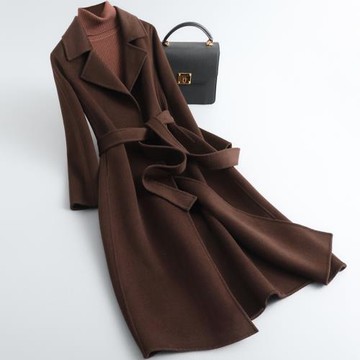 QC冬季大衣女長款雙面呢腰帶過膝長款簡約羊毛毛呢外套