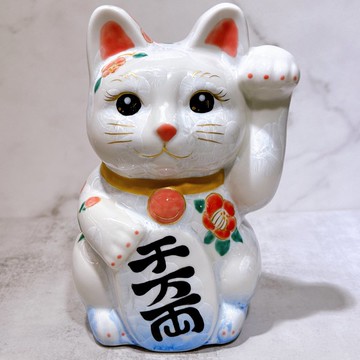 【青晶福貓】日本清水燒招財貓 | 花結晶 青白 千万両 体花 特大