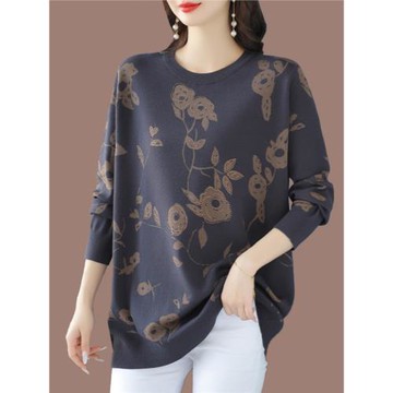 中老年媽媽裝大碼遮肚羊毛打底衫女春秋季新款圓領薄款中長款毛衣