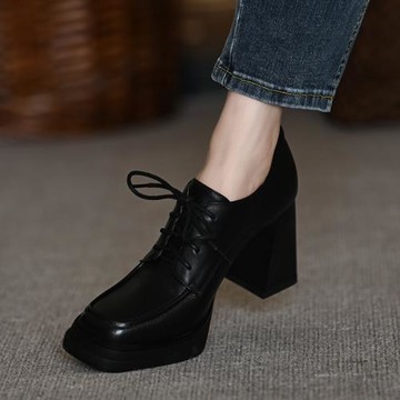 手工真皮女鞋8.5cm高跟鞋新款英倫粗跟單鞋防水臺方頭系帶深口鞋