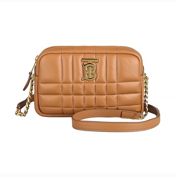 BURBERRY 巴寶莉  Lola立體金字LOGO絎縫格紋設計小羊皮拉鍊斜背相機包(迷你/楓糖棕)