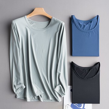 冰絲長袖t恤男士夏季薄款速干上衣透氣絲滑料寬松冰感圓領打底衫