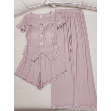 帶胸墊睡衣女春夏季短袖開衫兩件套薄款甜美網紅風莫代爾棉家居服