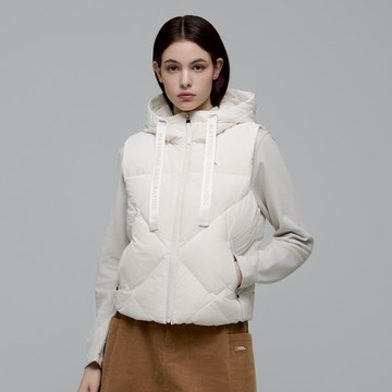 女裝 菱格羽絨 連帽背心 - 米白色