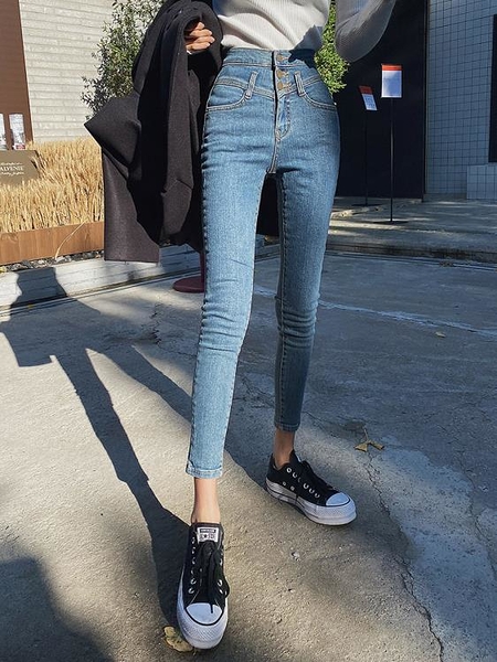 我愛寶島~韓國東大門秋裝緊身彈力牛仔褲女高腰小腳褲修身顯瘦藍色鉛筆褲女