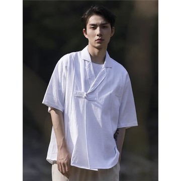 獨樓新中式唐裝男復古中國風亞麻襯衫短袖棉麻盤扣中山裝翻領襯衣