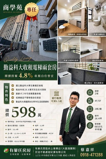 專任勤益科大收租電梯雙套房/開價投報4.8%｜台中市太平區坪林路