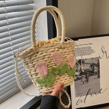 法式草編包包女夏季新款珍珠鏈條斜挎包編織百搭手提菜籃子水桶包