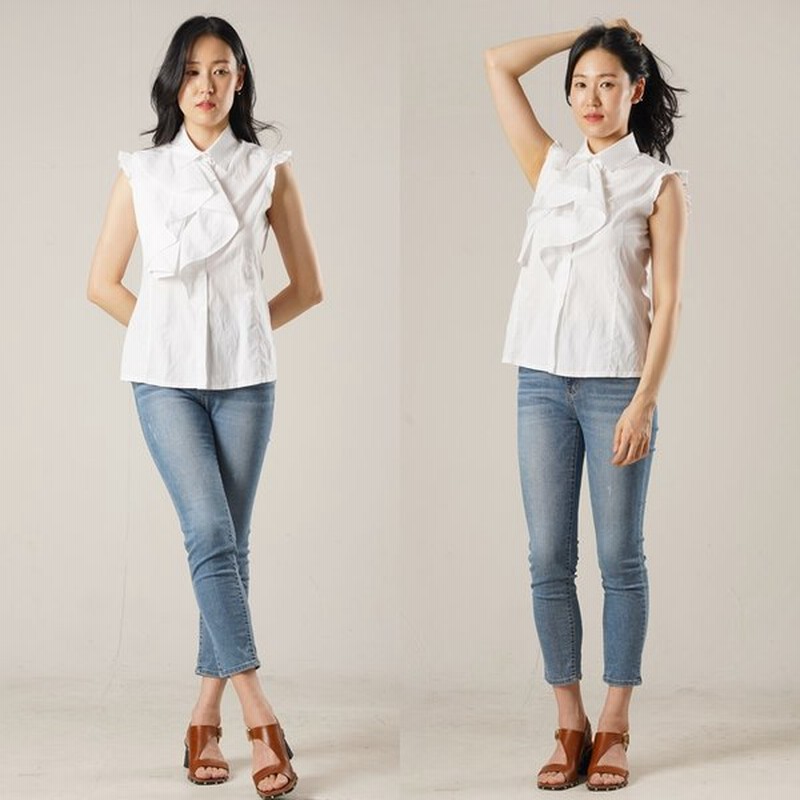ボリューム フリル ブラウス シャツ 白 ノースリーブ オフィス デニムコーデ カジュアル フェミニン 肩フリル コットン 綿 トップス レディース 通販 Lineポイント最大0 5 Get Lineショッピング