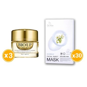 【全效呵護】BIO UP 自然美 全效防護光采素顏霜30g*3入組+DeMon NB 超肌能縮時氣墊面膜x10盒(共30片)