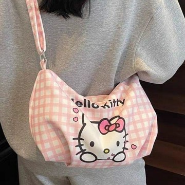 ✨臺灣出貨✨日系卡通格子帆布包包女夏季大容量餃子包百搭學生通勤單肩斜挎包