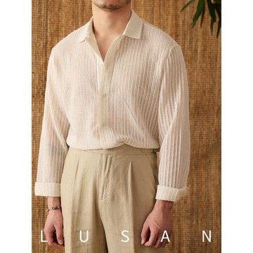 鹿三先生夏季純棉個性休閑度假風長袖襯衫英倫輕薄透氣防曬襯衣男