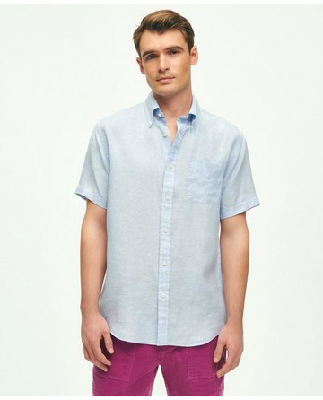 Brooks Brothers Men's Irish Linen Short-Sleeve Sport Shirt | Light Blue | Size Large