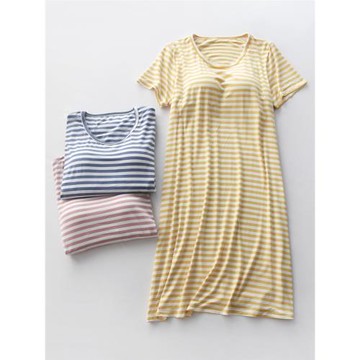 日系條紋帶胸墊睡裙女夏季順滑彈力莫代爾薄款短袖裙子家居服睡衣