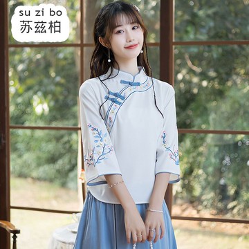民國風復古盤扣唐裝女漢服改良旗袍刺繡上衣古風茶藝采耳師工作服