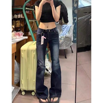 復古低腰刷毛牛仔褲女秋冬季百搭緊身顯瘦喇叭褲