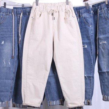 春秋女士牛仔褲米色高腰彈力大碼寬松闊腿雙邊顯瘦胖MM女褲哈倫褲