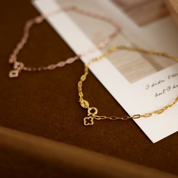 [全純銀.手鍊]偷偷許願 細鍊條四葉小花手鍊 (金色/玫瑰金色)【UME】S925純銀 洗澡可戴 S925純銀手鏈