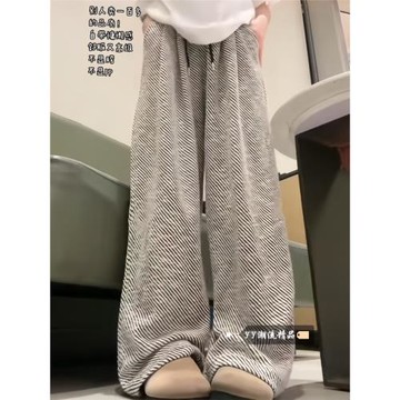 (免運)褲子bf慵懶風寬松條紋褲女秋季小個子垂感休閑直筒闊腿運動長褲