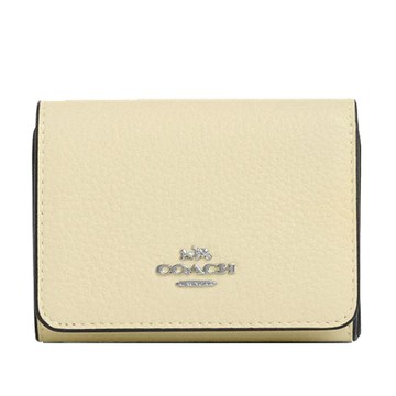 COACH 三摺短夾 卡片零錢包 鵝卵石紋真皮/防刮老花PVC塗層帆布 錢包 皮夾 短夾 CZ034 淺黃色(現貨)▶指定Outlet商品5折起☆現貨【送禮首選★APP下單點數4倍送】
