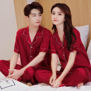紅色睡衣結婚新婚情侶套裝春夏短袖長褲冰絲男女家居服一男一女