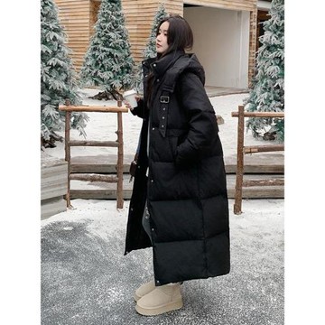 黑色長款收腰羽絨服女冬2025新款高級感加厚連帽韓系白鴨絨面包服