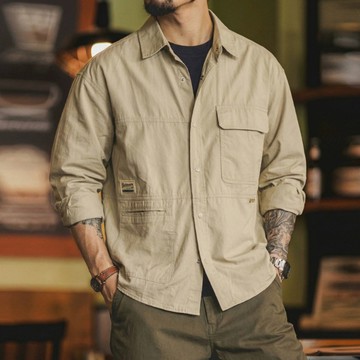 Wuluwear 美式復古工裝襯衫男春季寬鬆純棉多口袋休閒長袖襯衫阿美咔嘰外套