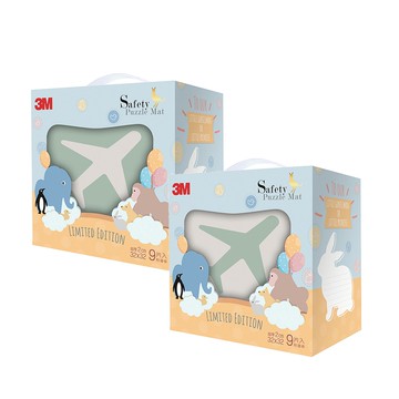 美國 3M - 安全巧拼地墊禮盒 2入組-暖石灰+晨霧綠 (32*32*2公分)-一入9片[6片素色+3片動物造型] 內附收...