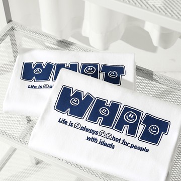 S~XL WHAT笑臉 純棉 短T 情侶T【Y0914】MIT 情侶裝 快速出貨 短袖T恤 加大尺寸 班服 團體服
