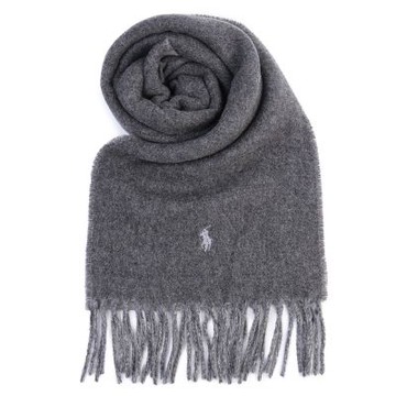 RALPH LAUREN POLO 小馬刺繡LOGO撞色雙面用羊毛混紡圍巾-深灰/淺灰色