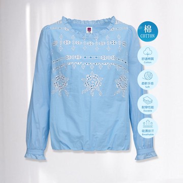 ILEY伊蕾 刺繡蕾絲荷葉純棉上衣(淺藍色；M-XL)1233011051