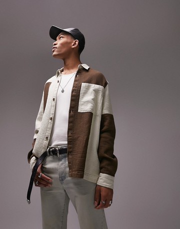 Topman long sleeve relaxed cut and sew waffle shirt in stone-Neutral