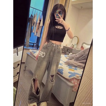 P3-【限時特賣】牛仔褲女 牛仔長褲 高腰牛仔褲 牛仔寬褲 高腰褲 長褲女 美式褲子高街破洞牛仔褲女2024春秋洋氣新款